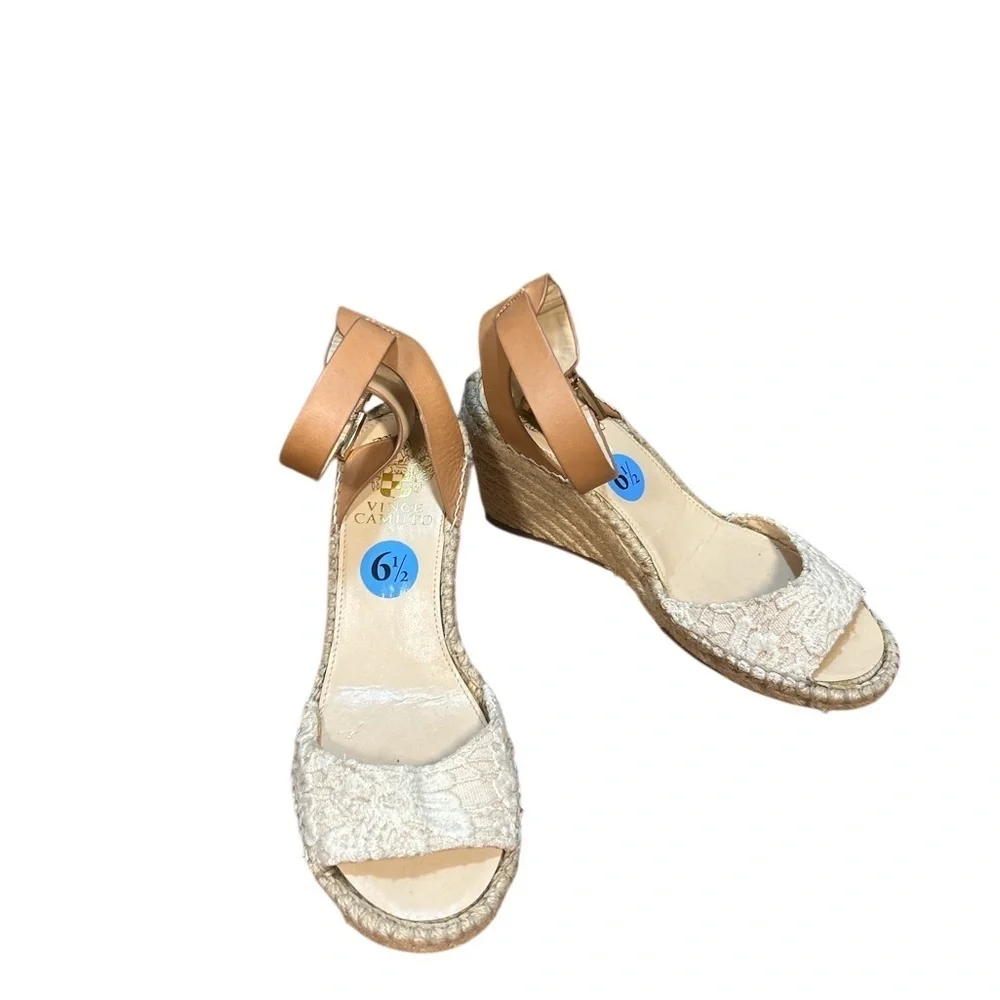 Vince Camuto Lace Espadrille Wedge Sandals Tan Beige 6.5 Ankle Strap New No Box